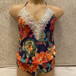 Floral Lace Halter One Piece Swimsuit